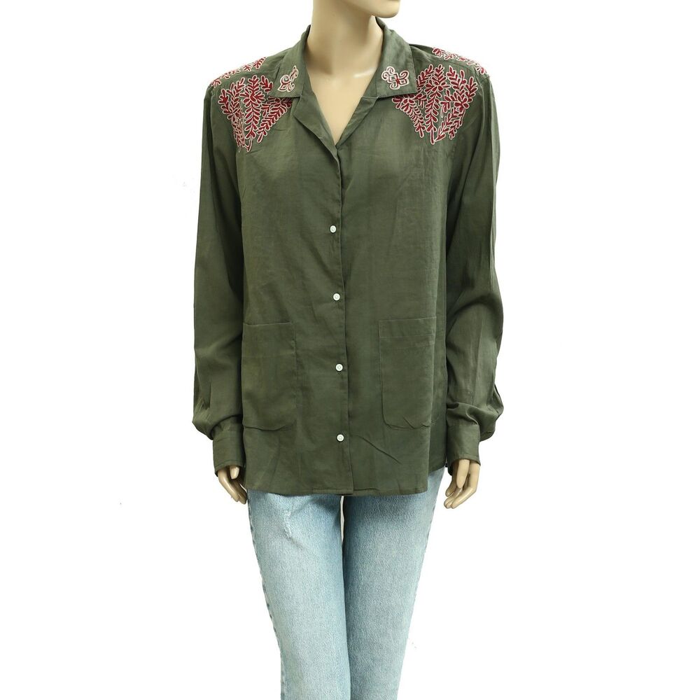 Bode Floral Embroidered Long Sleeve Tunic Shirt Top Buttondown Cotton M 282469